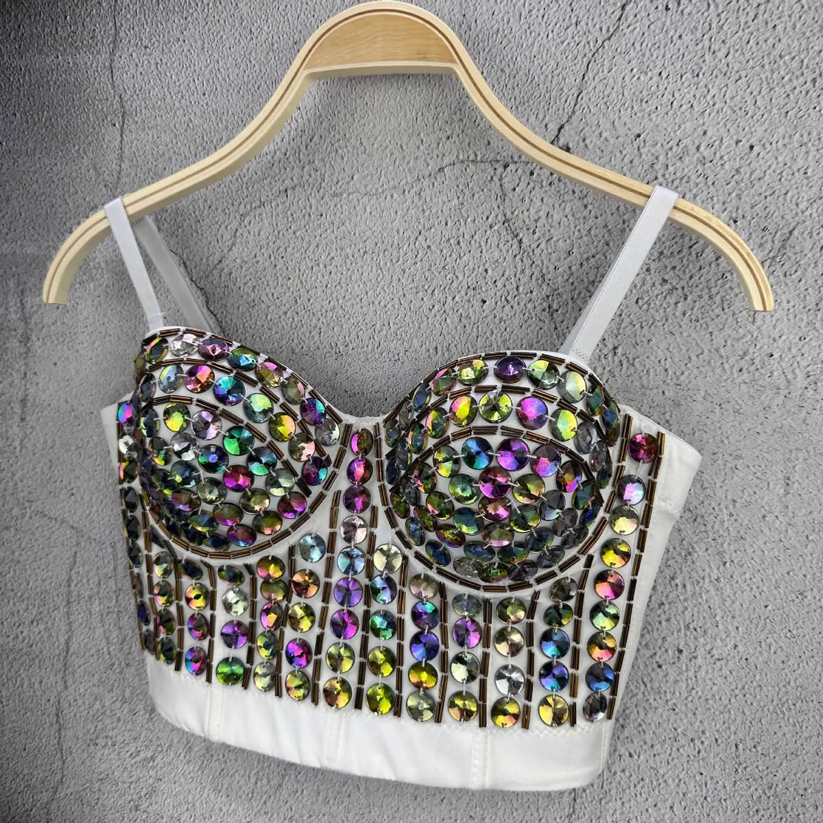AB Crystal Beaded Bustier Corset Crop Top Glitter Nightclub Stage Camisole
