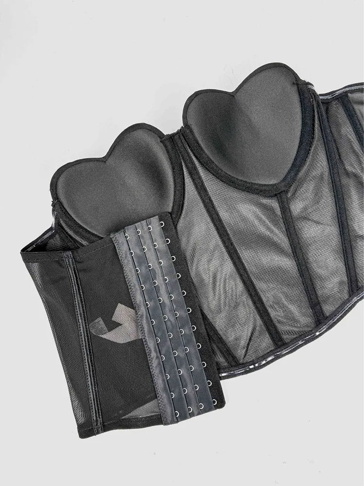 Black Strapless Diamond Embroidered Mesh Bustier Corset Top Stage Party Bralette