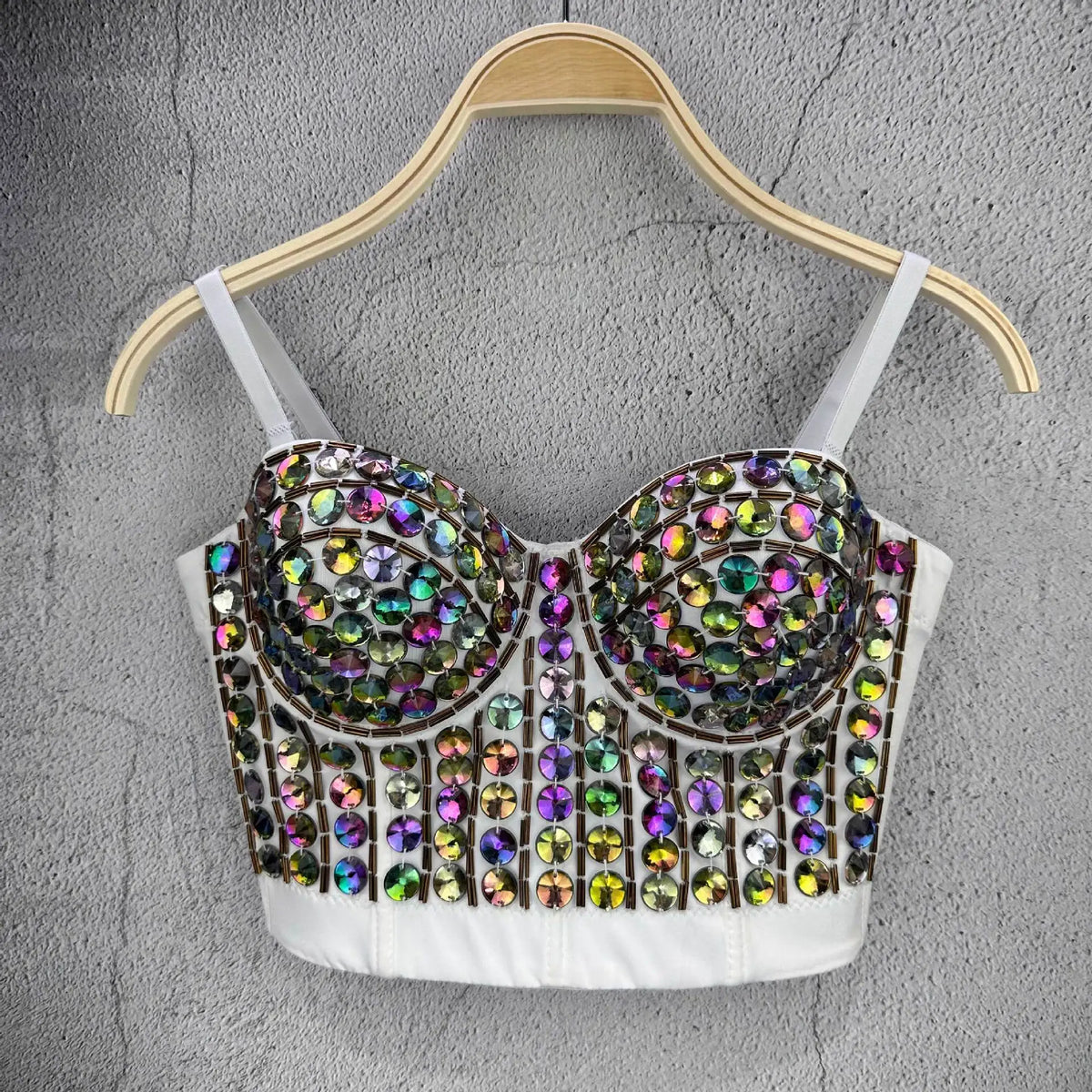 AB Crystal Beaded Bustier Corset Crop Top Glitter Nightclub Stage Camisole