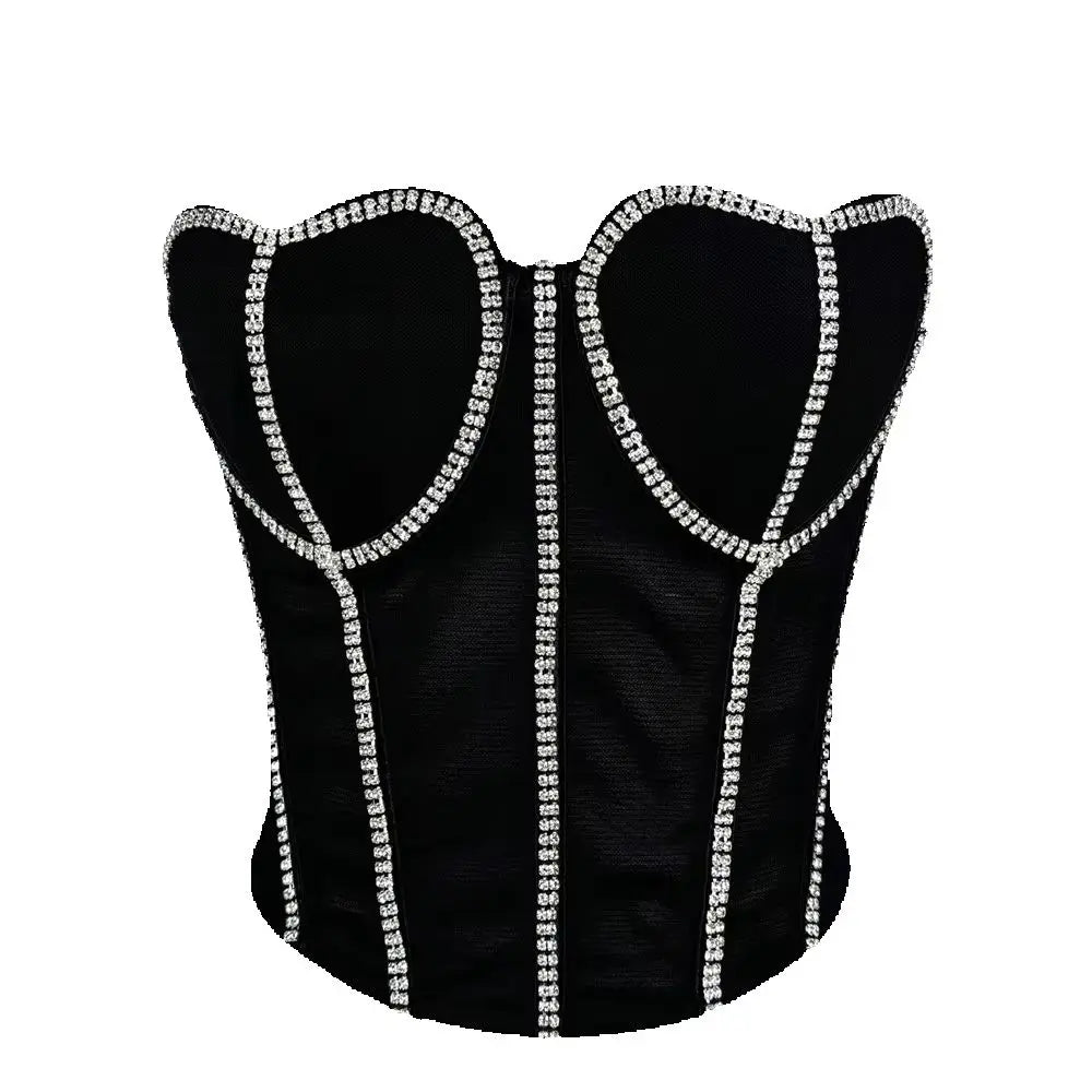 Black Strapless Diamond Embroidered Mesh Bustier Corset Top Stage Party Bralette