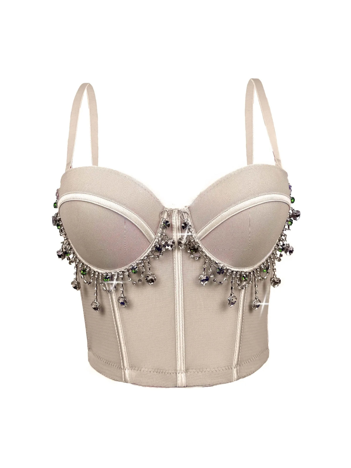 Mesh Bustier Corset Crop Top Diamond Embroidery Tassel Evening Party Bralette